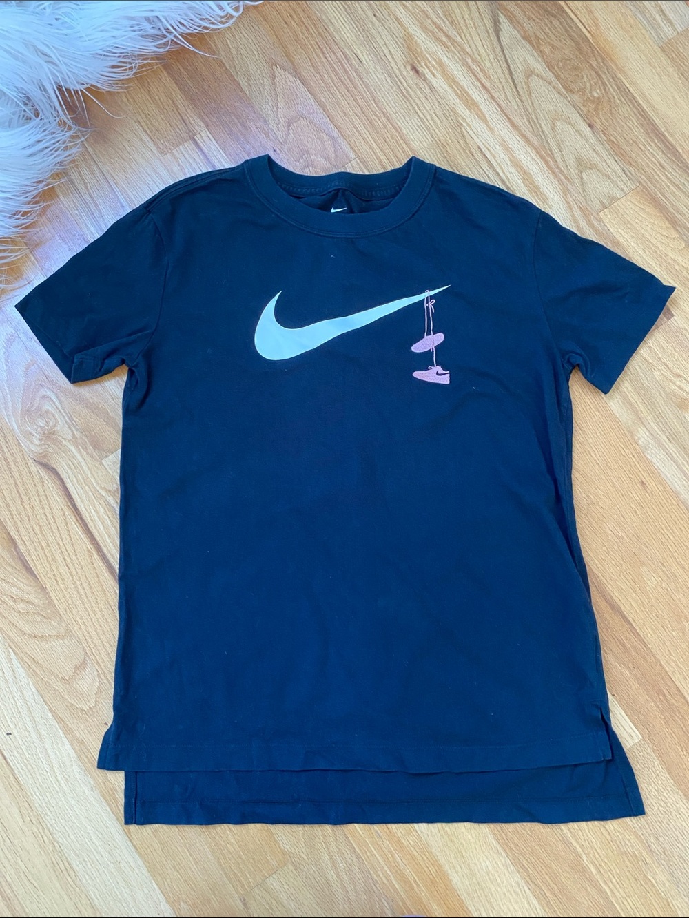 Nike Black Tee with White Swoosh and Pink Shoe Graphic
